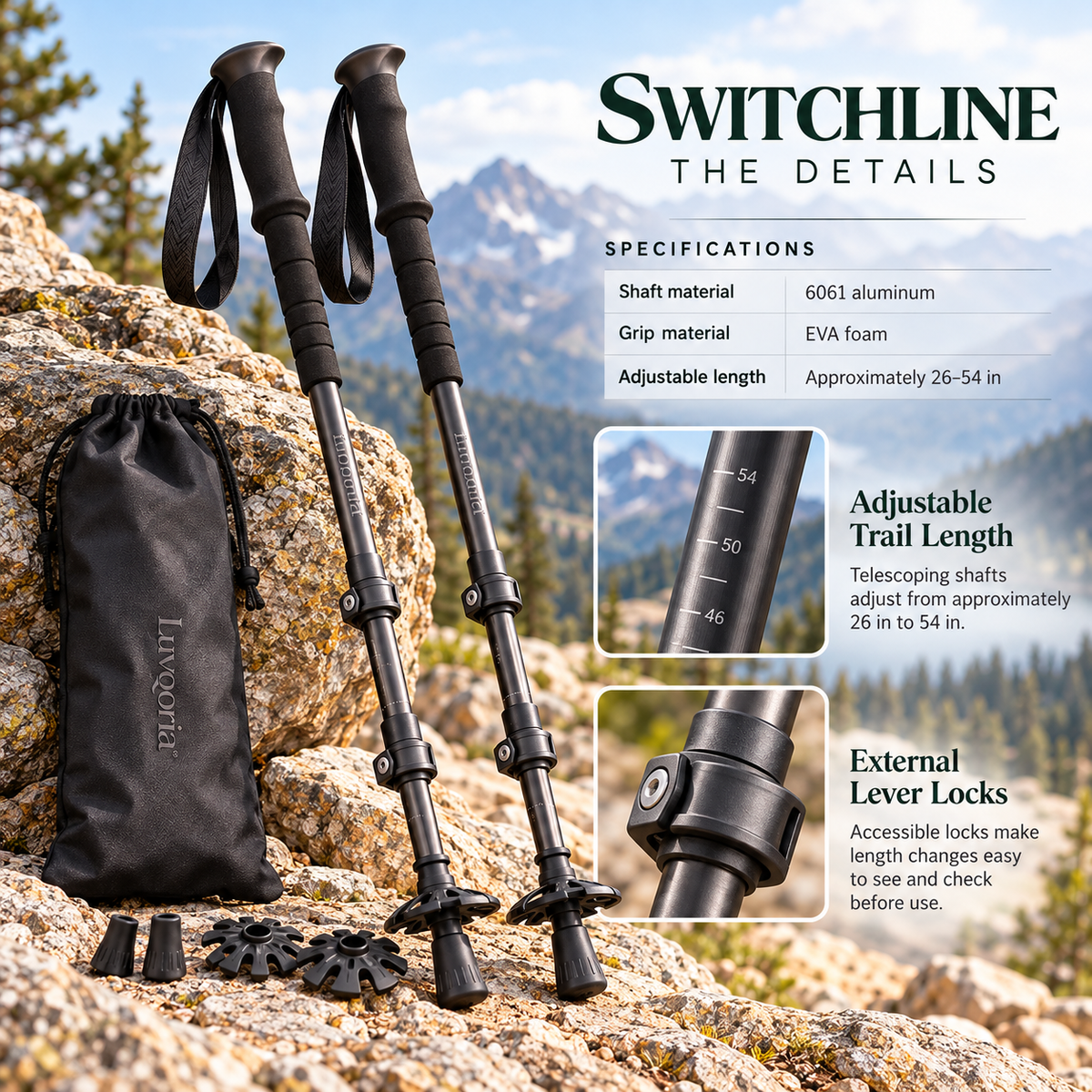 Luvqoria™ Switchline Adjustable Trekking Poles — Aluminum Hiking Sticks with EVA Grips, Lever Locks & Trail Accessories, Pair