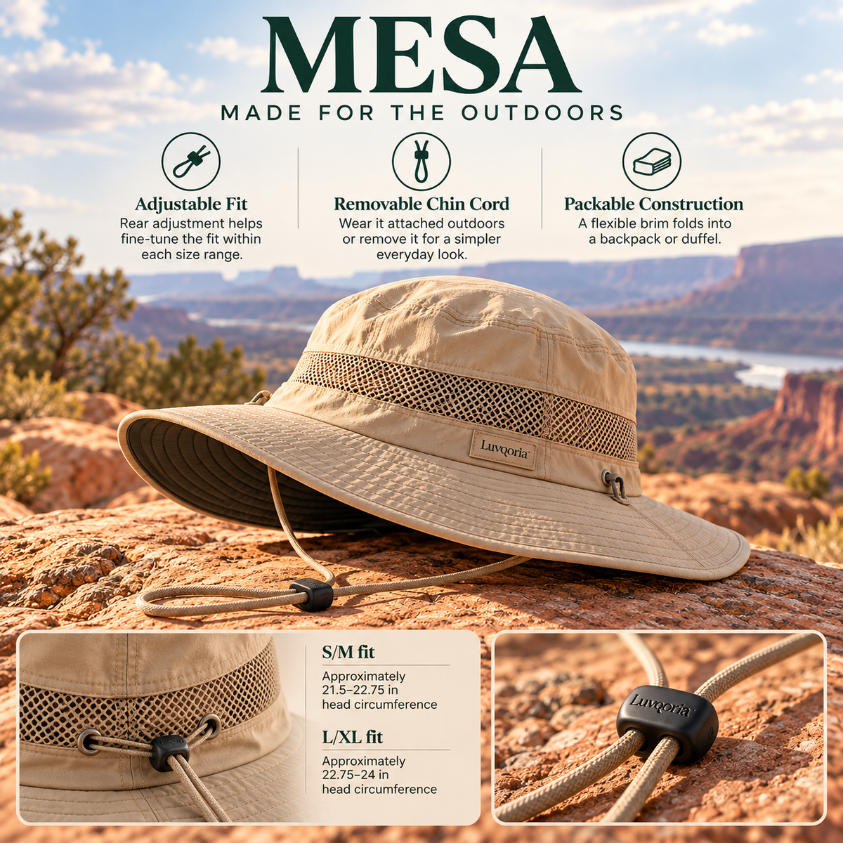Luvqoria™ Mesa Ventilated Hiking Hat — Packable Wide-Brim Outdoor Boonie Hat with Adjustable Chin Cord