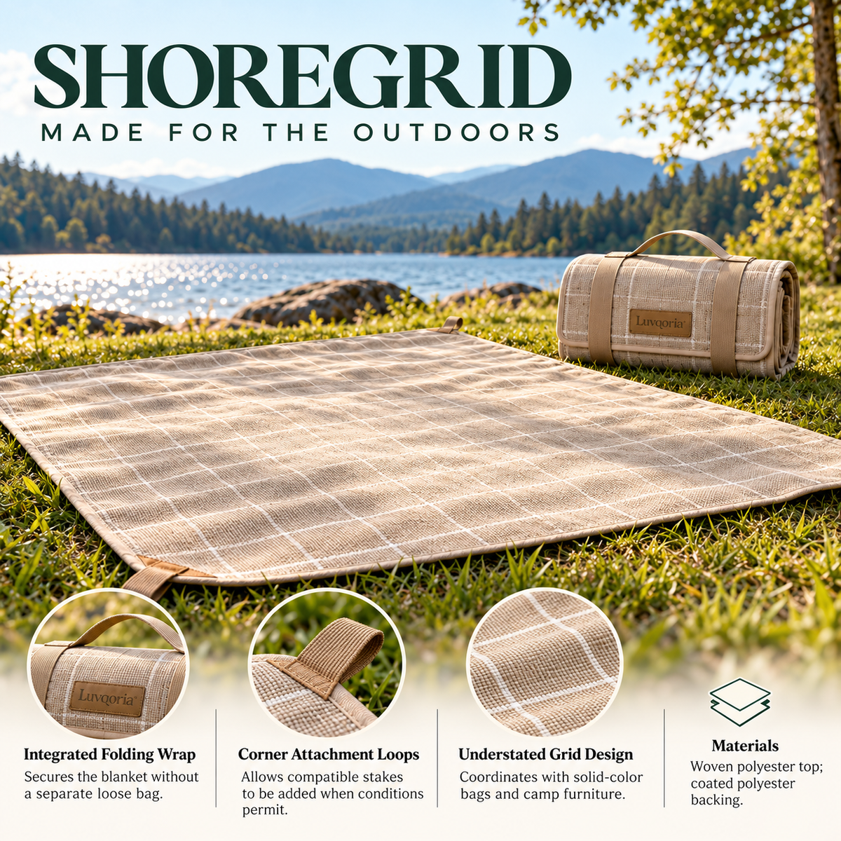 Luvqoria™ Shoregrid Outdoor Picnic Blanket — Foldable Travel Ground Blanket with Coated Backing & Carry Handle