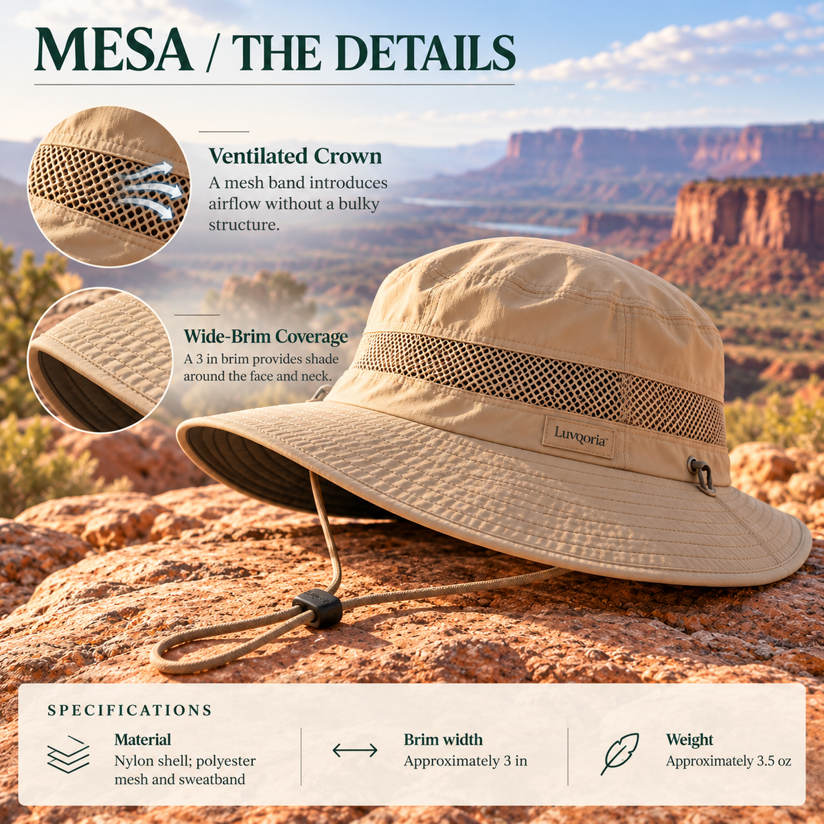 Luvqoria™ Mesa Ventilated Hiking Hat — Packable Wide-Brim Outdoor Boonie Hat with Adjustable Chin Cord
