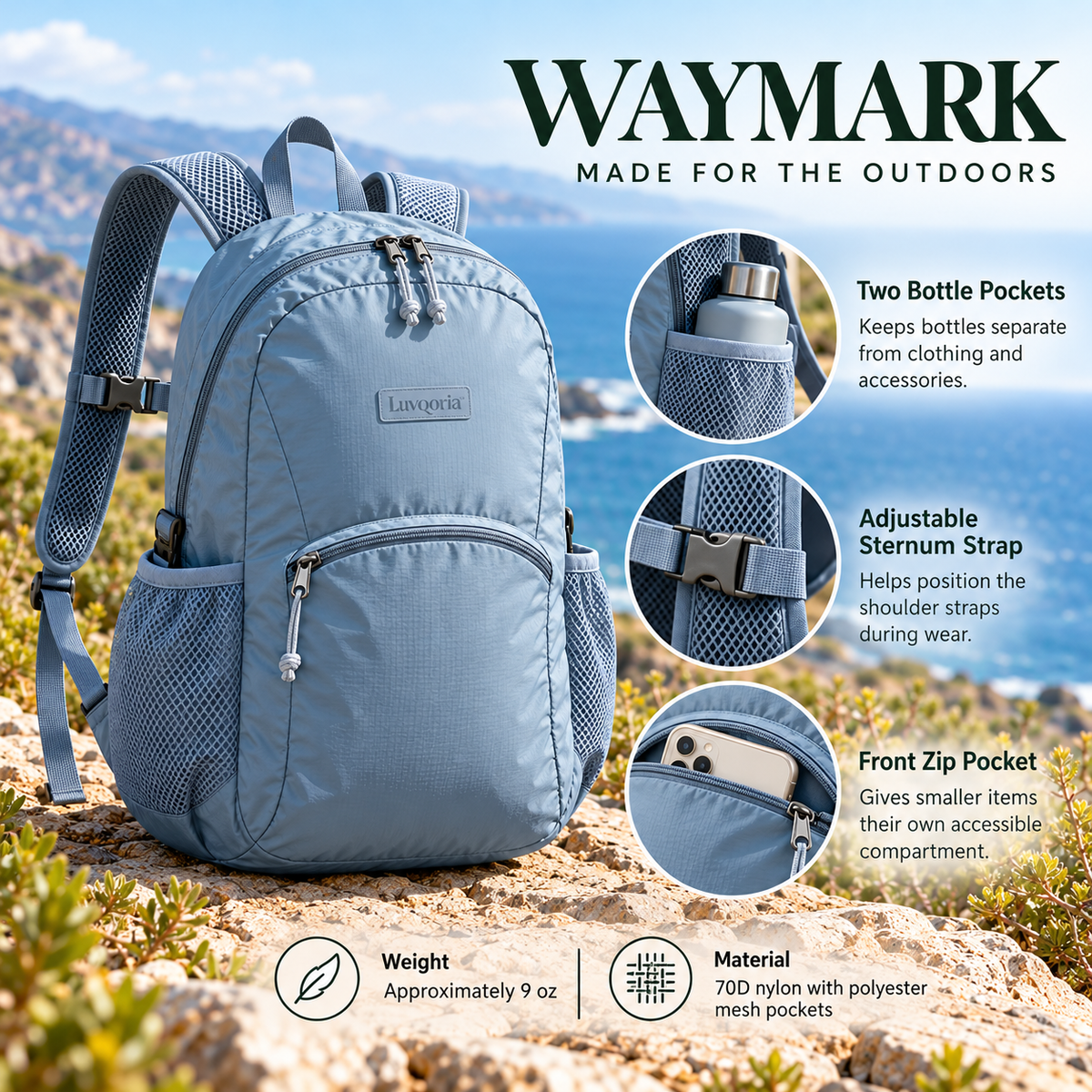 Luvqoria™ Waymark 18L Packable Daypack — Foldable Travel Backpack with Bottle Pockets & Internal Storage Pouch