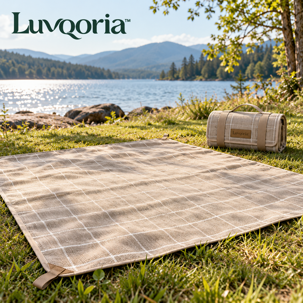 Luvqoria™ Shoregrid Outdoor Picnic Blanket — Foldable Travel Ground Blanket with Coated Backing & Carry Handle