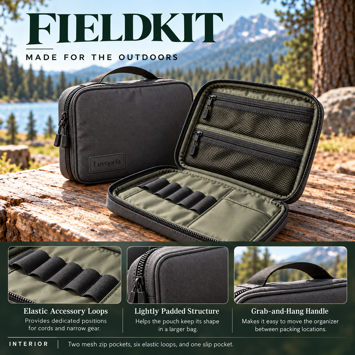Luvqoria™ Fieldkit Outdoor Gear Organizer — Travel Accessory Pouch with Mesh Pockets, Elastic Loops & Hanging Handle