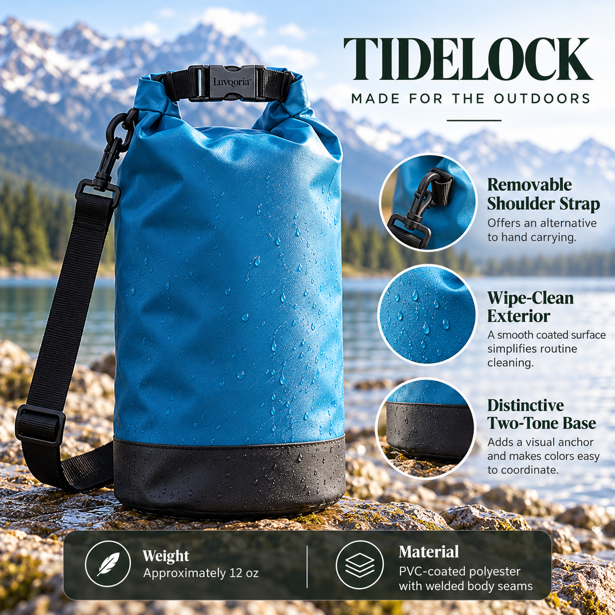Luvqoria™ Tidelock 10L Roll-Top Dry Bag — Coated Outdoor Storage Bag with Welded Seams & Removable Shoulder Strap