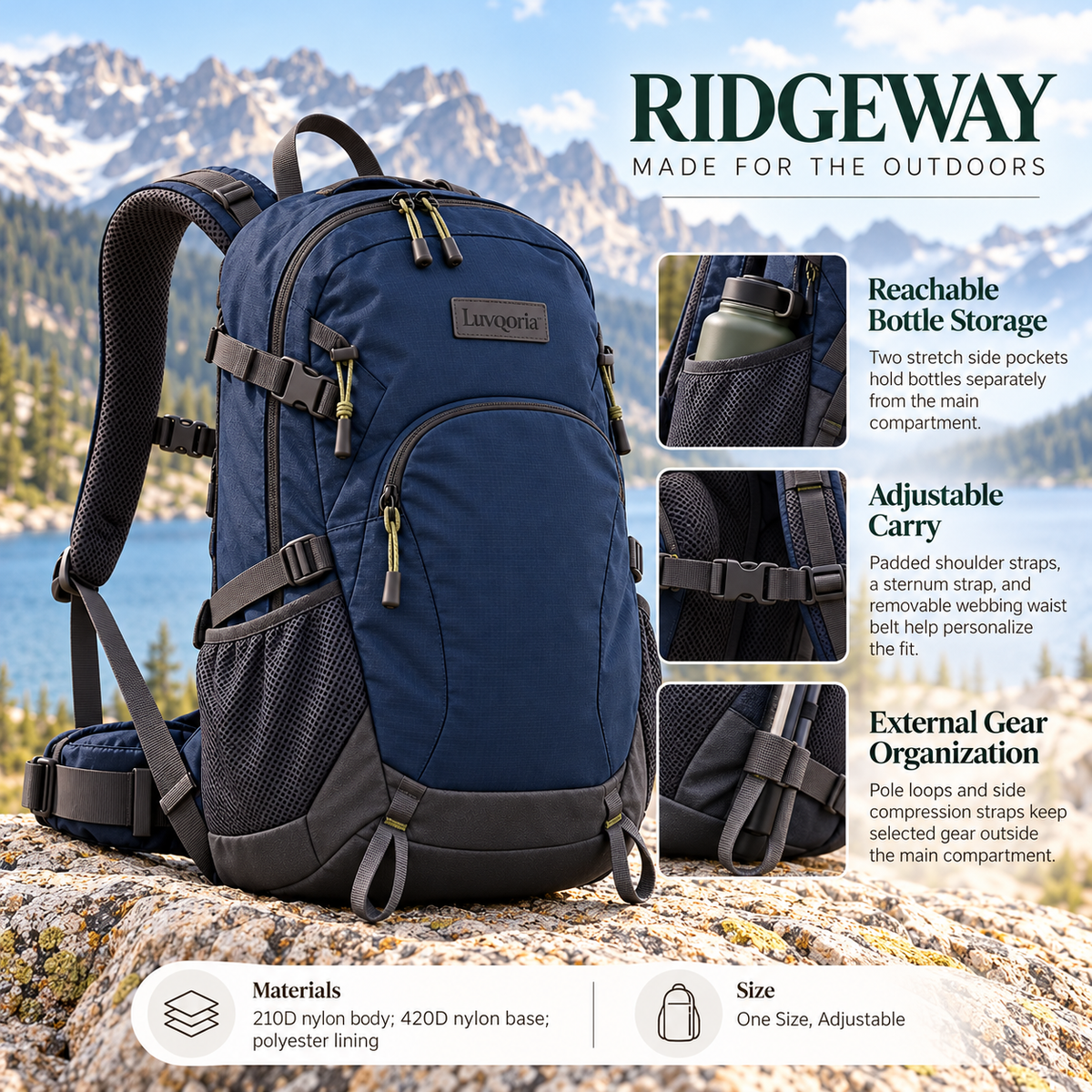 Luvqoria™ Ridgeway 24L Hiking Daypack — Trail Backpack with Hydration Sleeve, Trekking Pole Loops & Stretch Bottle Pockets