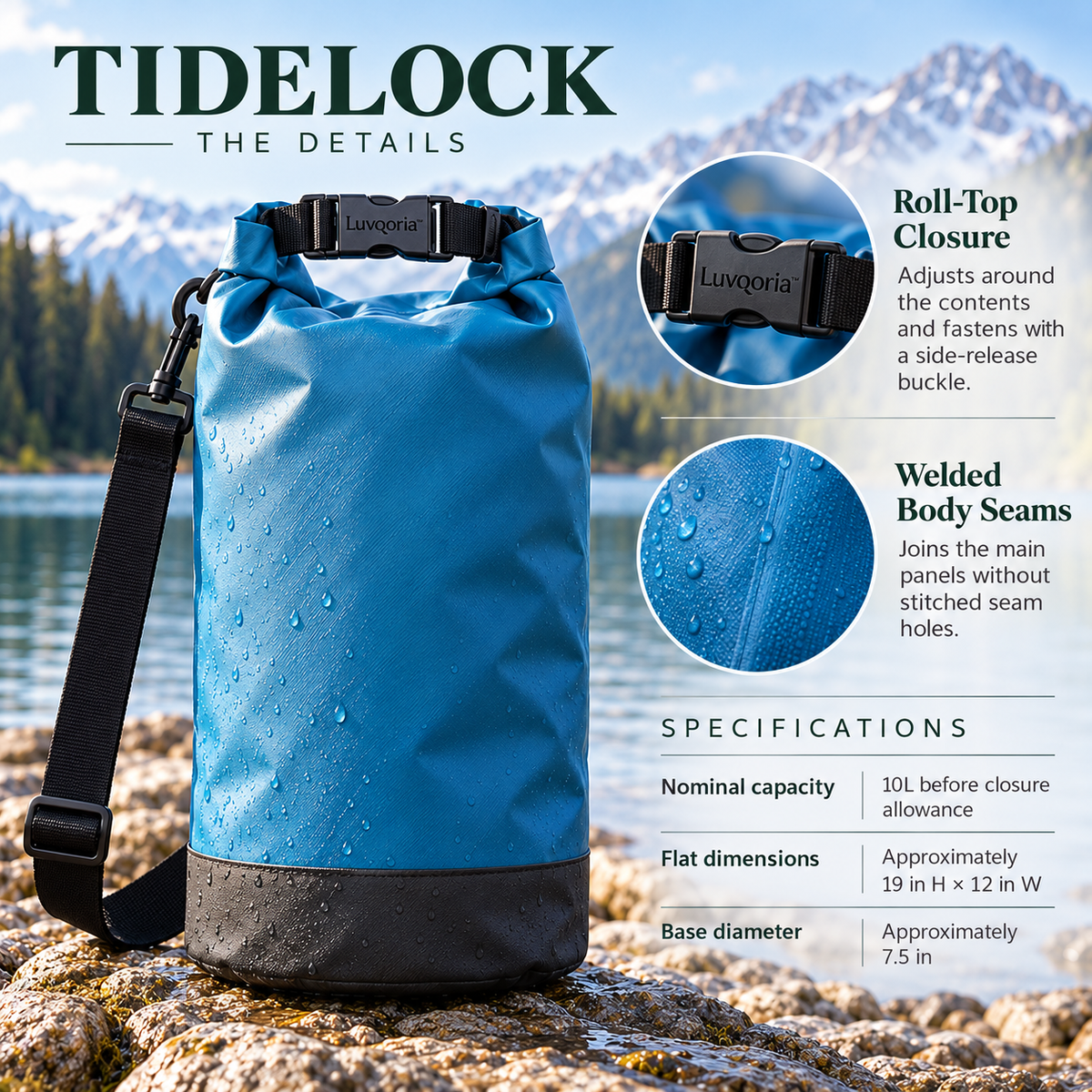 Luvqoria™ Tidelock 10L Roll-Top Dry Bag — Coated Outdoor Storage Bag with Welded Seams & Removable Shoulder Strap
