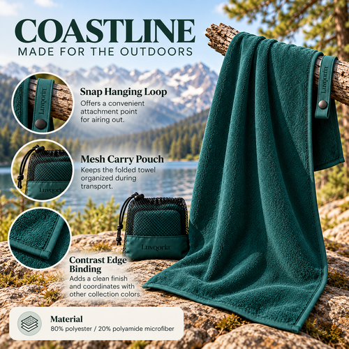 Luvqoria™ Coastline Microfiber Camp Towel — Packable Travel Towel with Hanging Loop & Mesh Carry Pouch