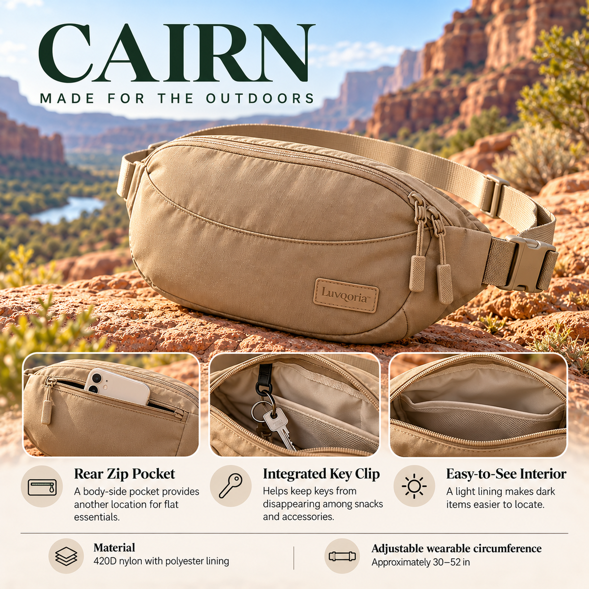 Luvqoria™ Cairn 3L Hiking Waist Pack — Adjustable Hip Bag & Crossbody Sling with Organized Pockets