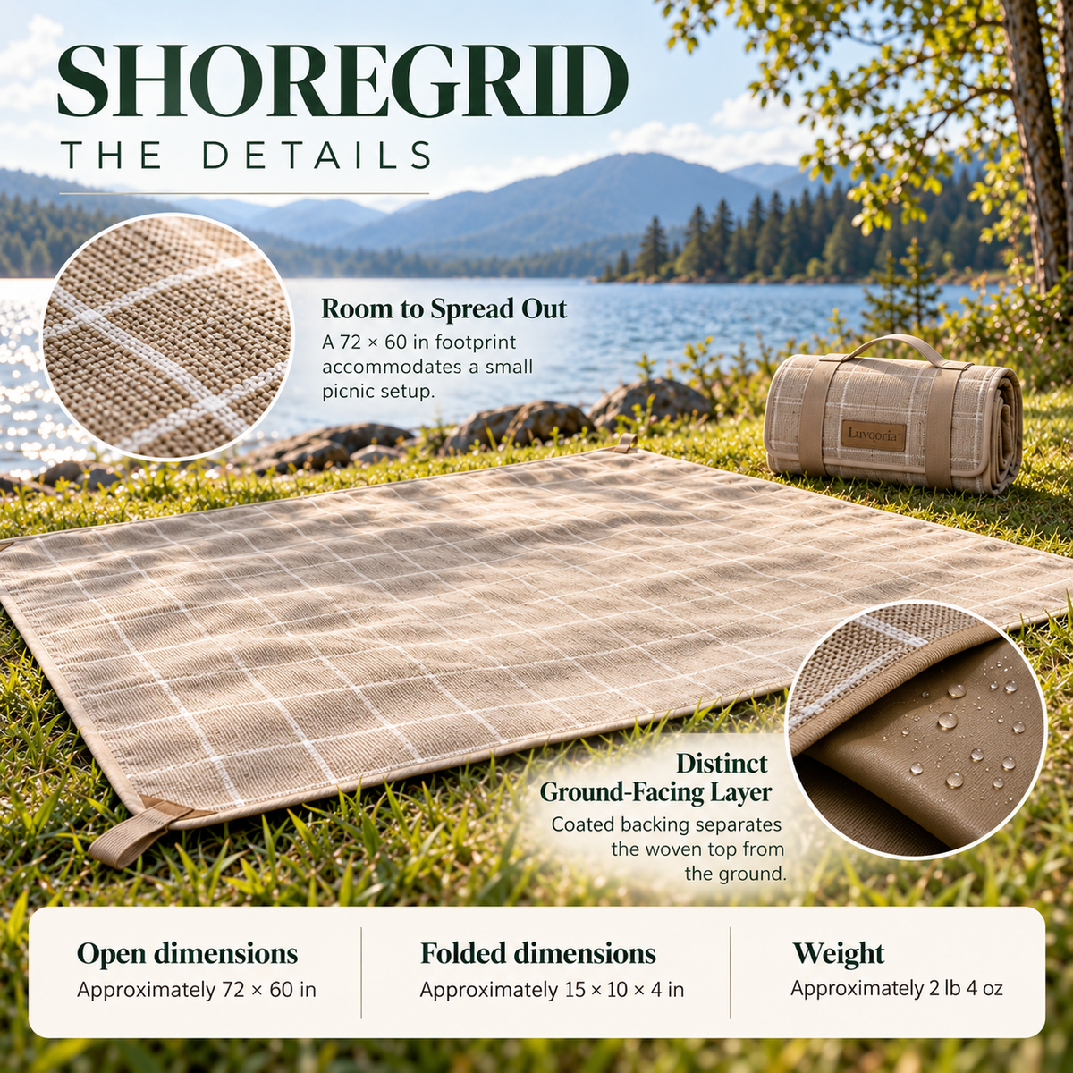 Luvqoria™ Shoregrid Outdoor Picnic Blanket — Foldable Travel Ground Blanket with Coated Backing & Carry Handle