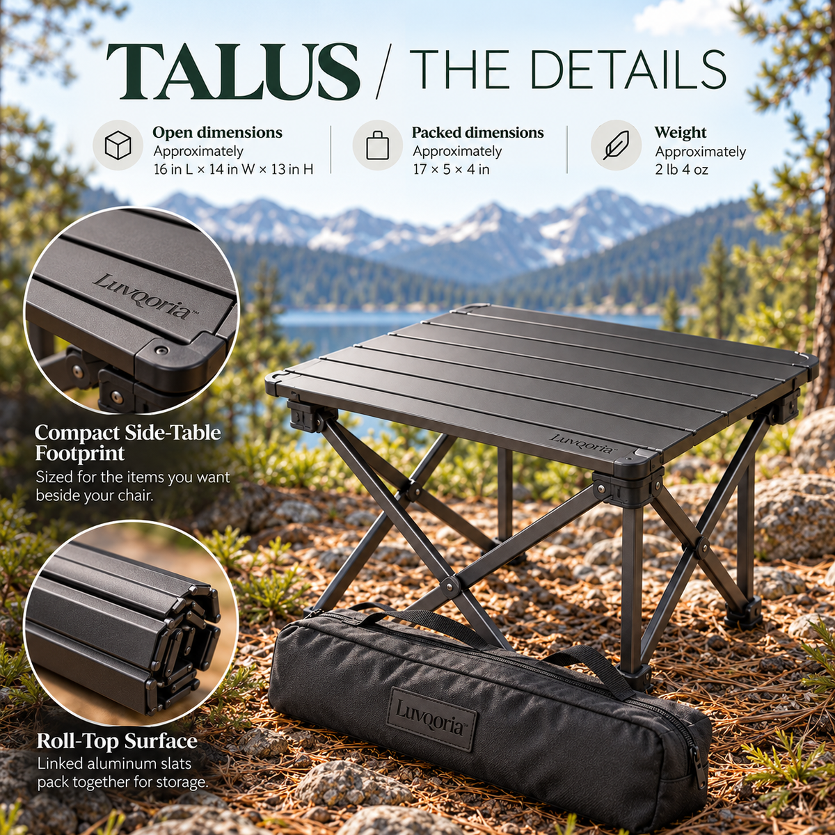 Luvqoria™ Talus Compact Camping Side Table — Folding Aluminum Roll-Top Table with Carry Bag