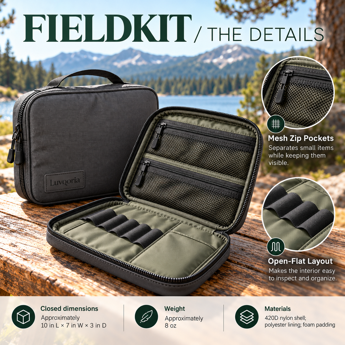 Luvqoria™ Fieldkit Outdoor Gear Organizer — Travel Accessory Pouch with Mesh Pockets, Elastic Loops & Hanging Handle