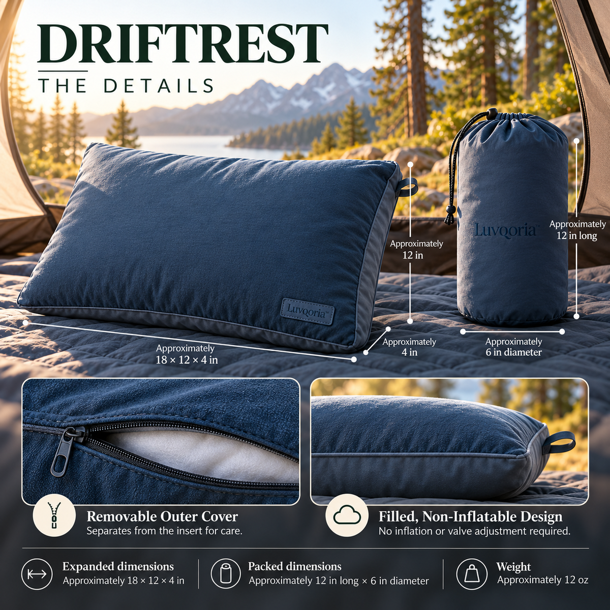 Luvqoria™ Driftrest Compressible Camping Pillow — Soft Travel Pillow with Removable Cover & Stuff Sack