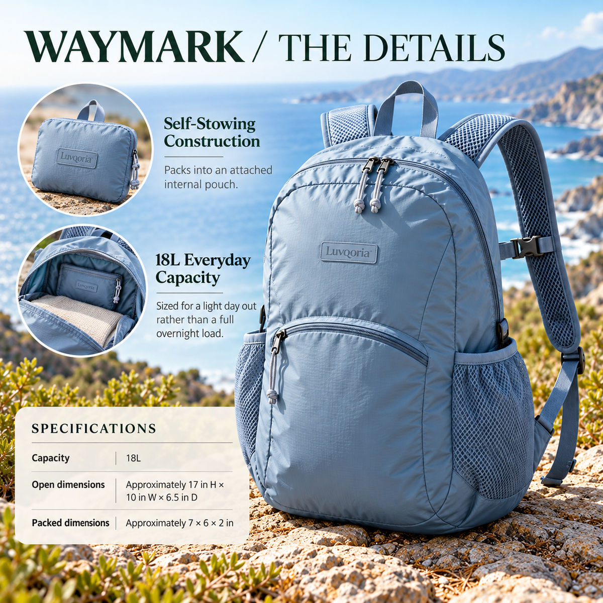 Luvqoria™ Waymark 18L Packable Daypack — Foldable Travel Backpack with Bottle Pockets & Internal Storage Pouch