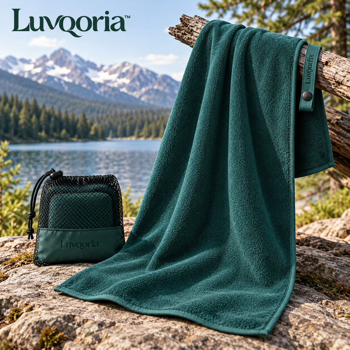 Luvqoria™ Coastline Microfiber Camp Towel — Packable Travel Towel with Hanging Loop & Mesh Carry Pouch