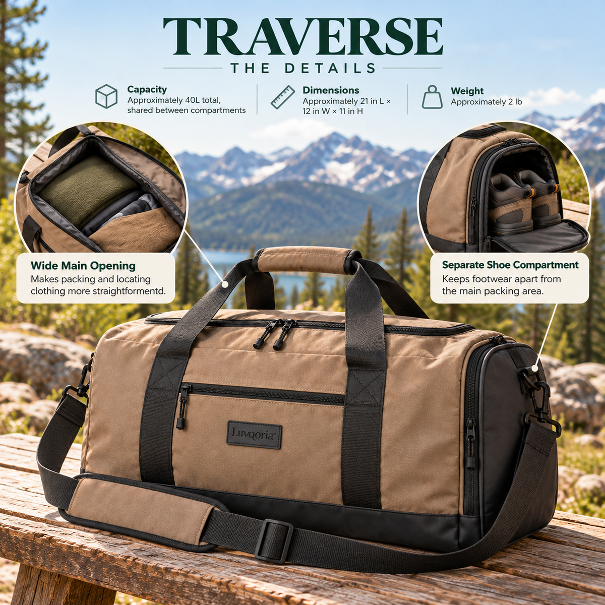 Luvqoria™ Traverse 40L Travel Duffel — Weekend Gear Bag with Wide Opening, Shoe Compartment & Shoulder Strap