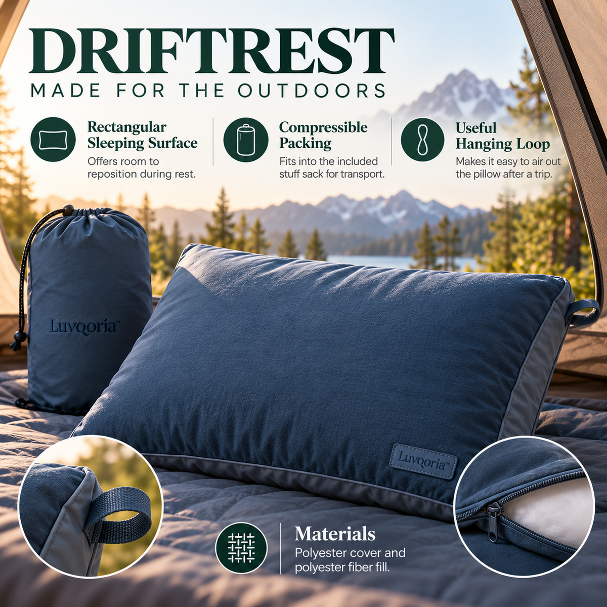 Luvqoria™ Driftrest Compressible Camping Pillow — Soft Travel Pillow with Removable Cover & Stuff Sack