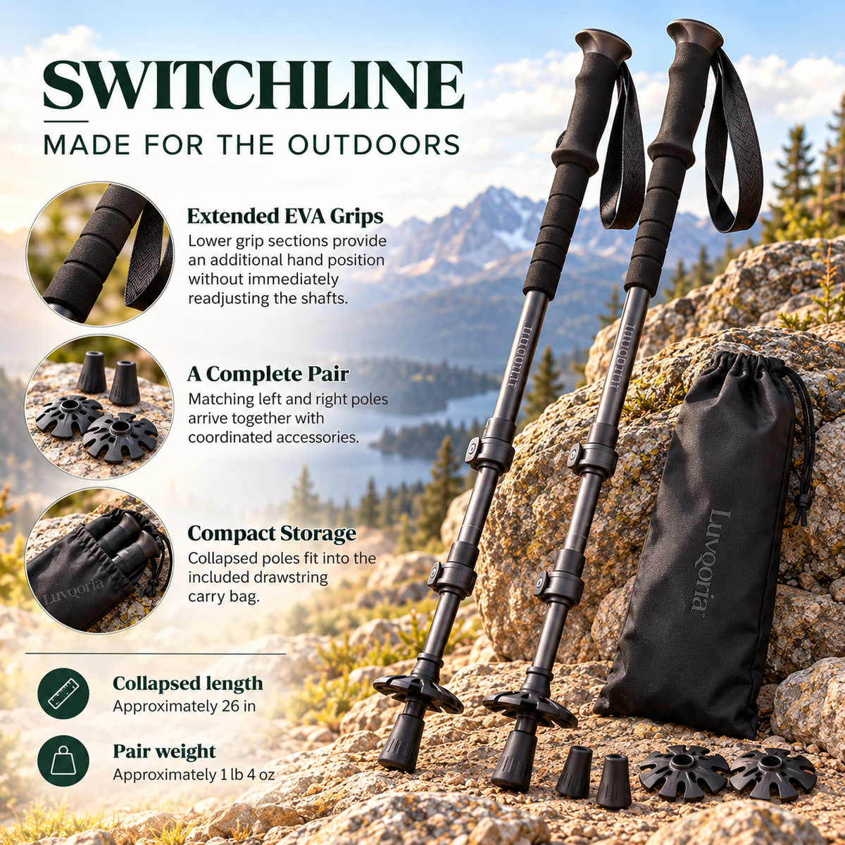 Luvqoria™ Switchline Adjustable Trekking Poles — Aluminum Hiking Sticks with EVA Grips, Lever Locks & Trail Accessories, Pair