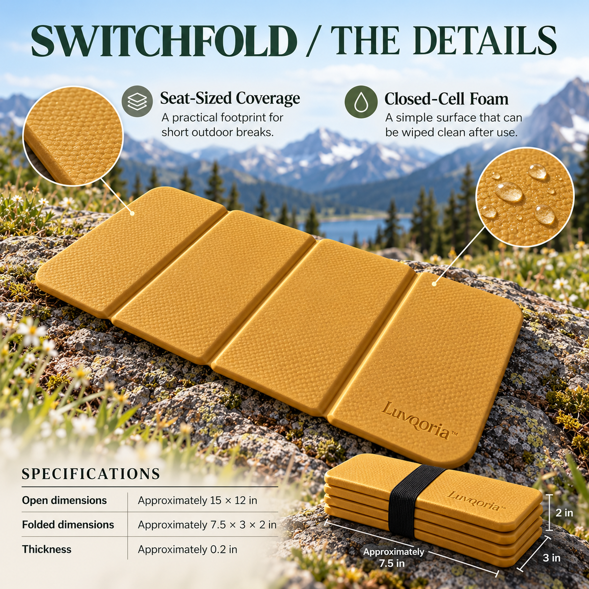 Luvqoria™ Switchfold Camping Seat Pad — Folding Foam Sitting Mat for Hiking Breaks, Picnics & Outdoor Events