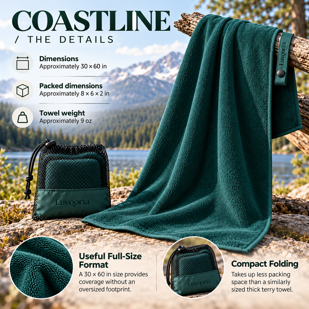 Luvqoria™ Coastline Microfiber Camp Towel — Packable Travel Towel with Hanging Loop & Mesh Carry Pouch