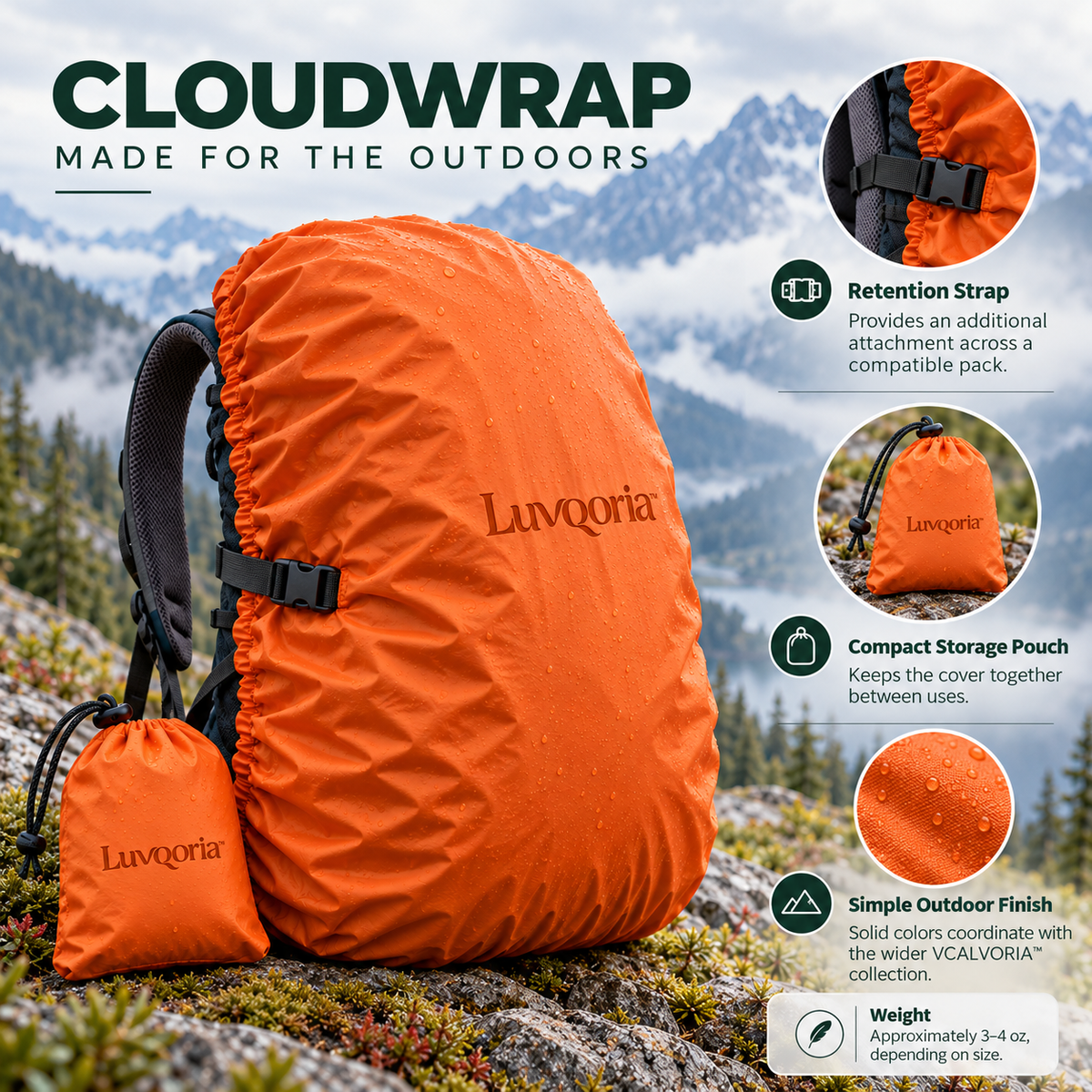 Luvqoria™ Cloudwrap Backpack Rain Cover — Packable Adjustable Pack Cover with Storage Pouch
