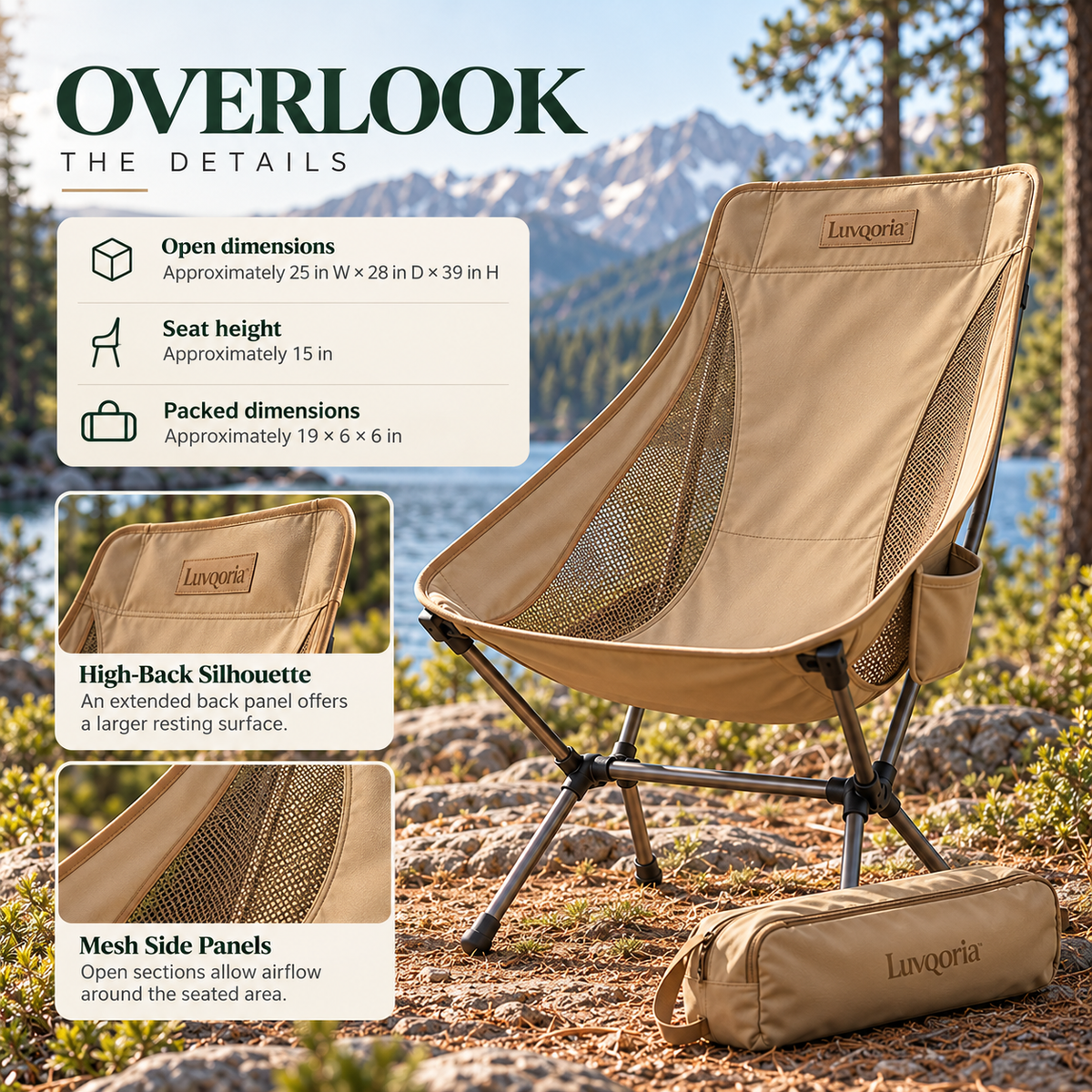 Luvqoria™ Overlook High-Back Camping Chair — Packable Folding Camp Seat with Mesh Panels & Carry Bag