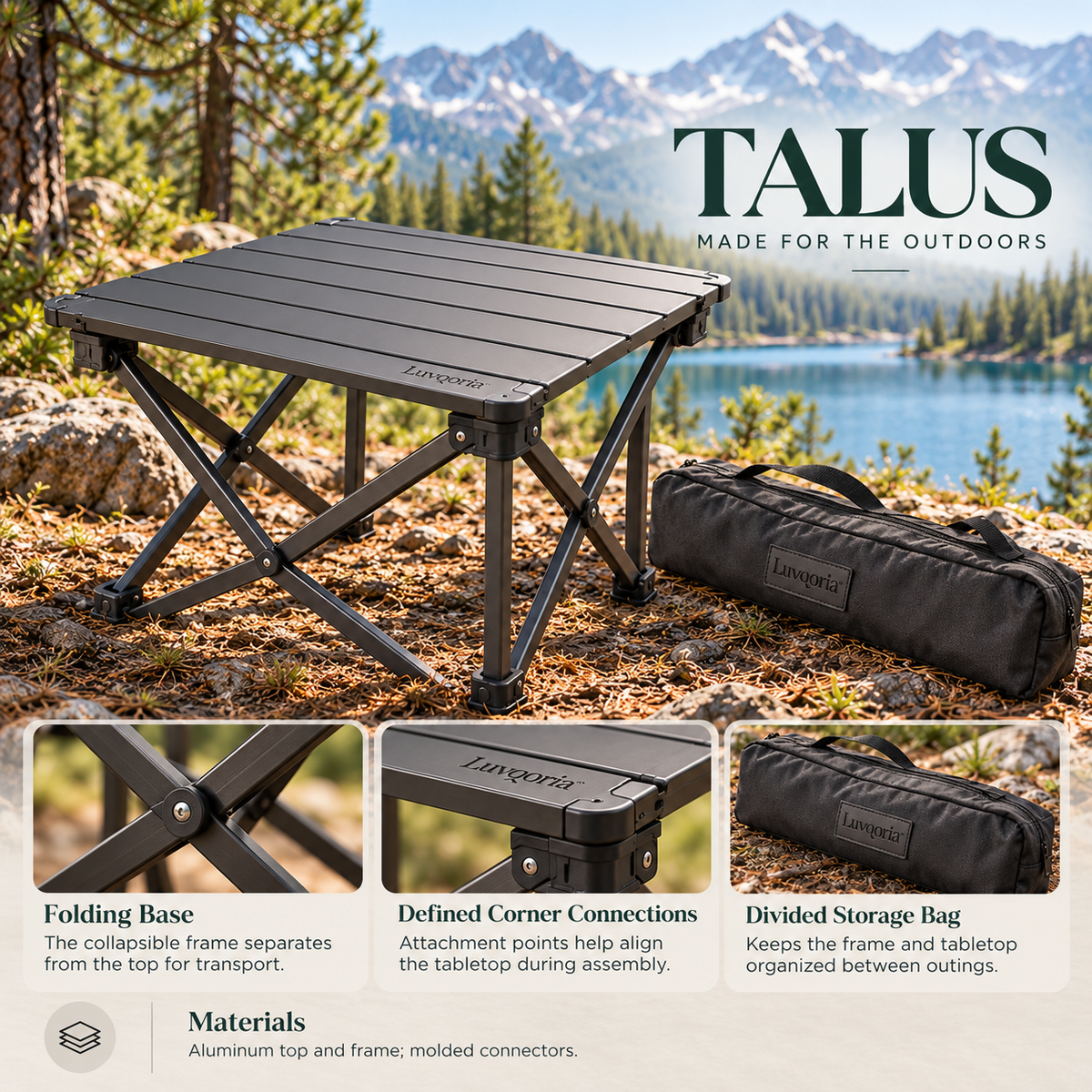 Luvqoria™ Talus Compact Camping Side Table — Folding Aluminum Roll-Top Table with Carry Bag
