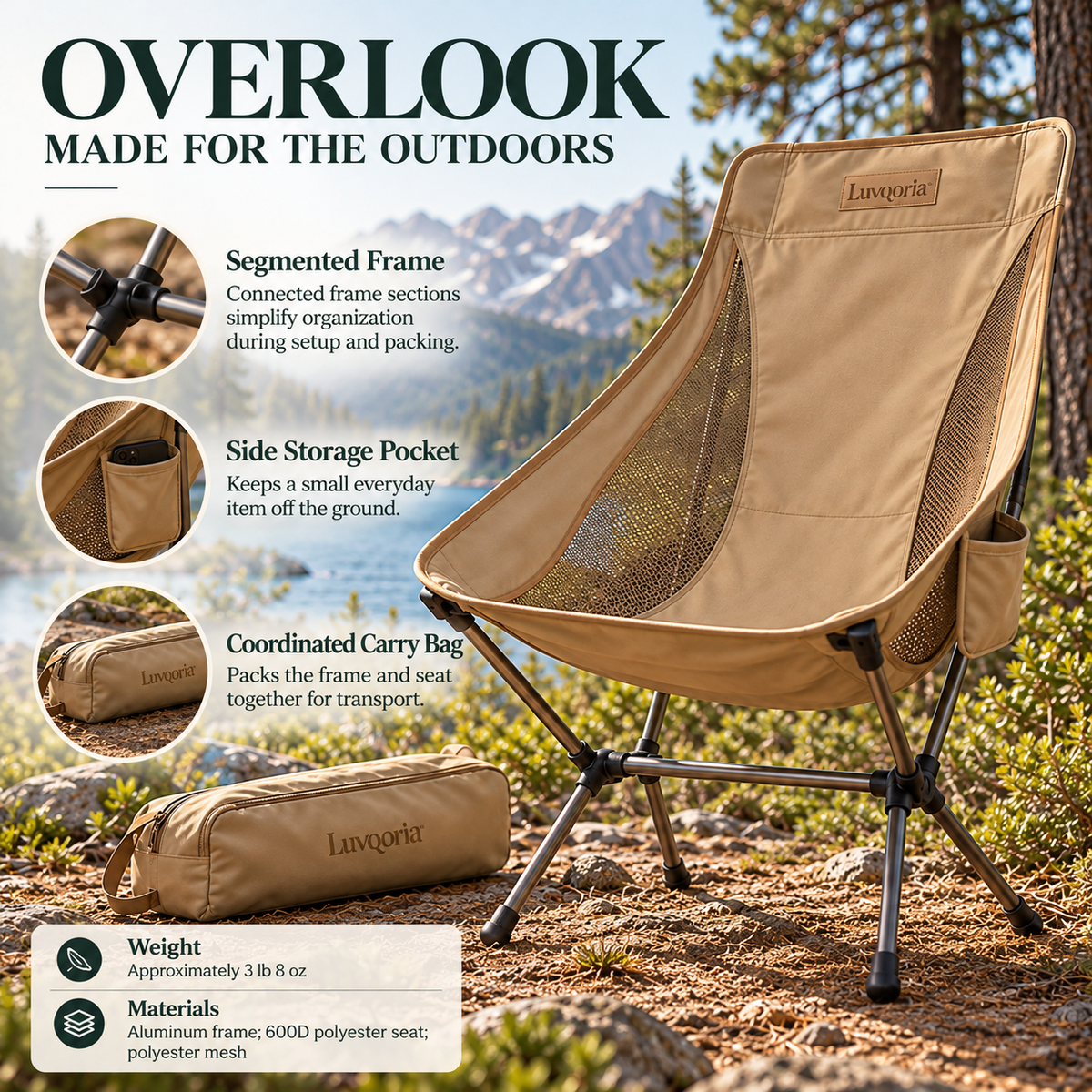 Luvqoria™ Overlook High-Back Camping Chair — Packable Folding Camp Seat with Mesh Panels & Carry Bag