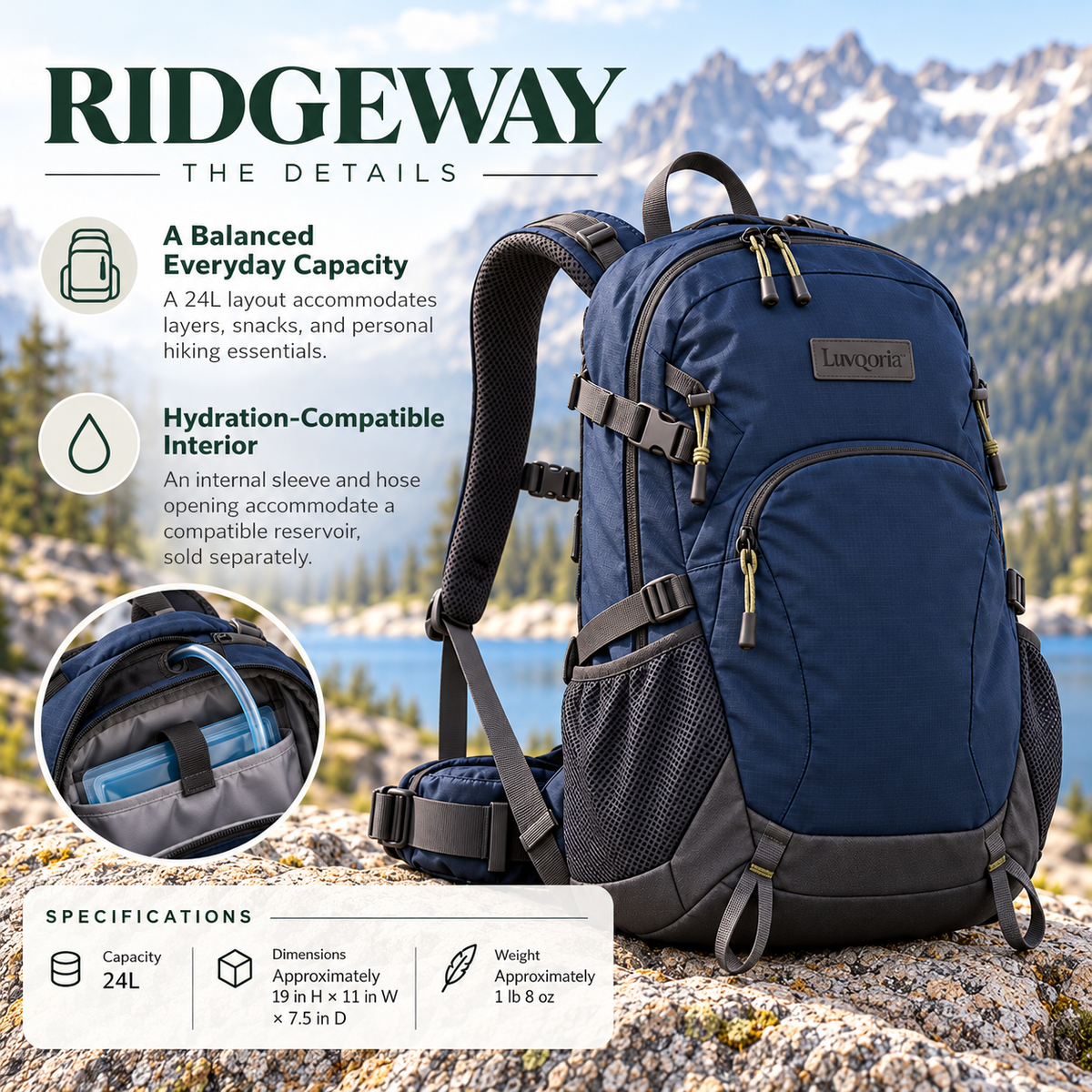 Luvqoria™ Ridgeway 24L Hiking Daypack — Trail Backpack with Hydration Sleeve, Trekking Pole Loops & Stretch Bottle Pockets