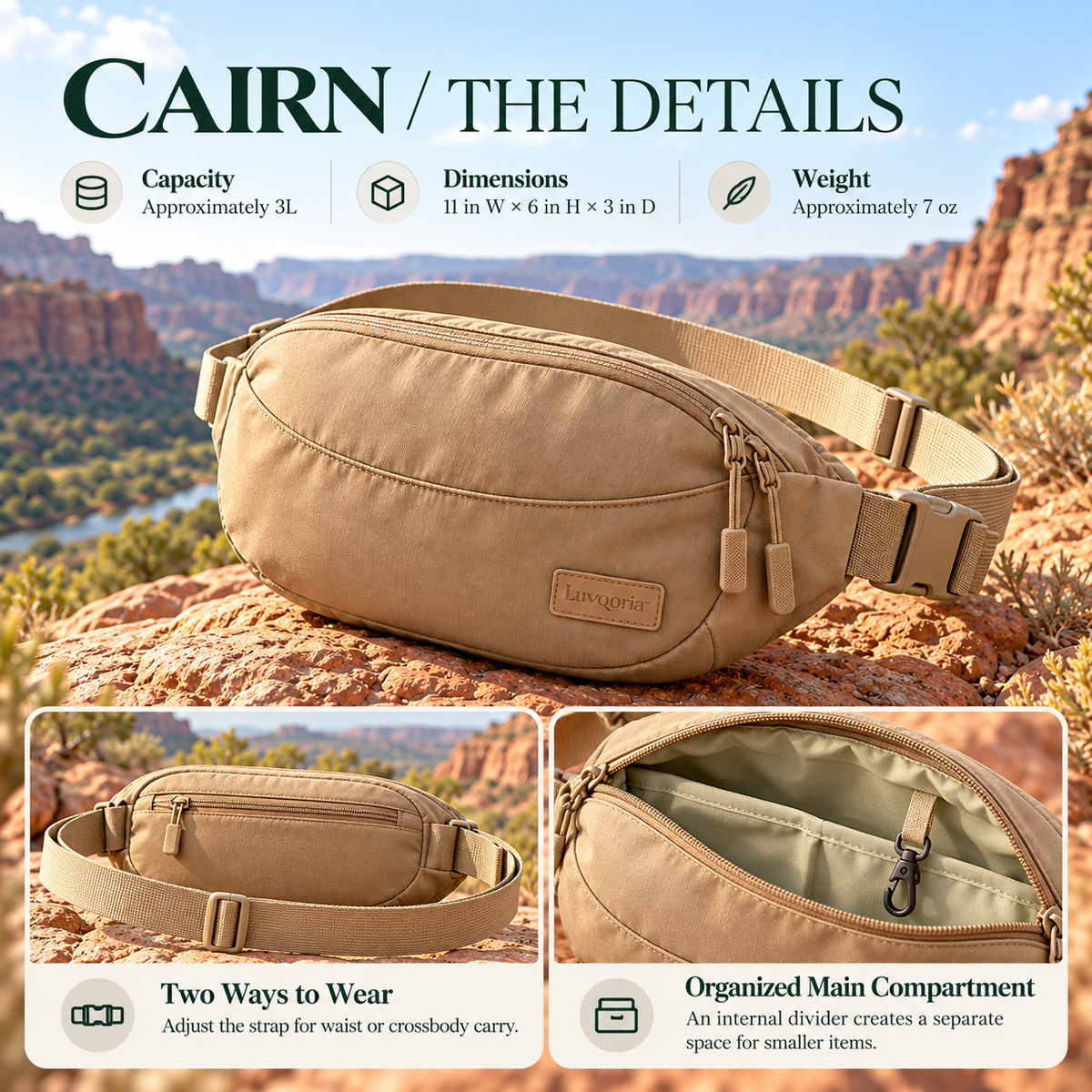 Luvqoria™ Cairn 3L Hiking Waist Pack — Adjustable Hip Bag & Crossbody Sling with Organized Pockets